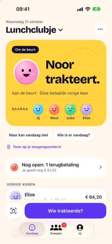De app op het scherm Vandaag: Noor trakteert. Daarna Jij, Wout, Jules en Elise.